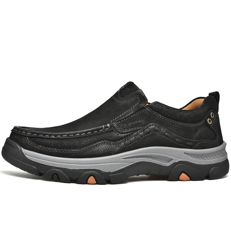 Stylish black leather slip-on shoes for men, featuring orthopedic support for improved walking posture.