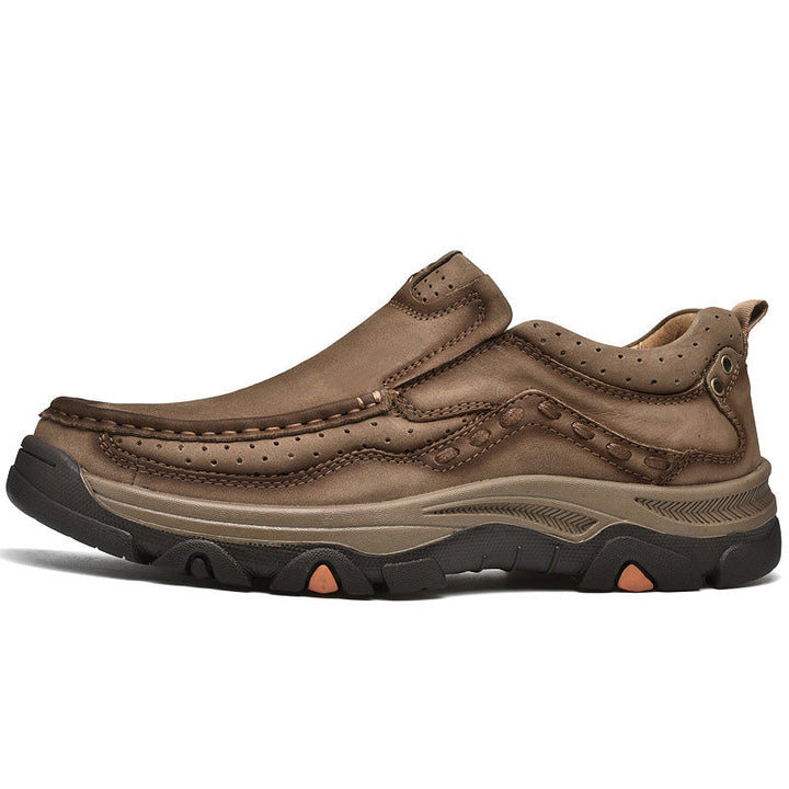Black leather men's slip-on shoes with orthopedic design, ideal for comfortable casual wear and walking.