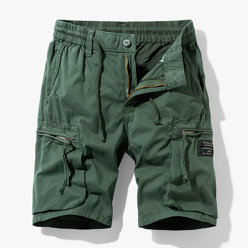 Multi-pocket men's utility cargo shorts with drawstring. Ideal for casual wear, outdoor adventures & summer comfort.