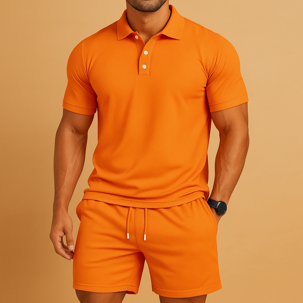 Men's casual polo & shorts set for summer comfort style, featuring a relaxed fit two-piece outfit.