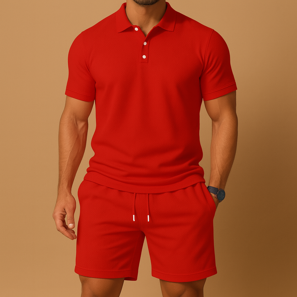 Comfortable men's athletic polo and drawstring shorts two-piece set for summer relaxation and casual wear.