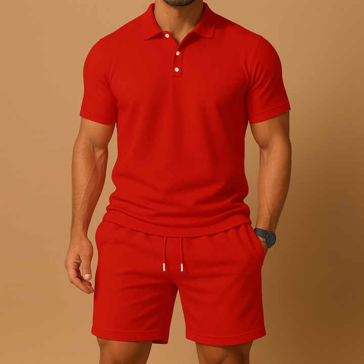 Comfortable men's athletic polo and drawstring shorts two-piece set for summer relaxation and casual wear.
