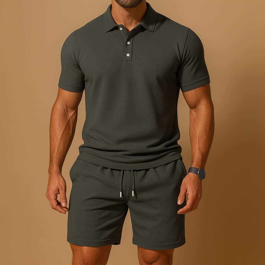 Close-up of a men's two-piece summer set: collared polo shirt and drawstring shorts, perfect for comfort.
