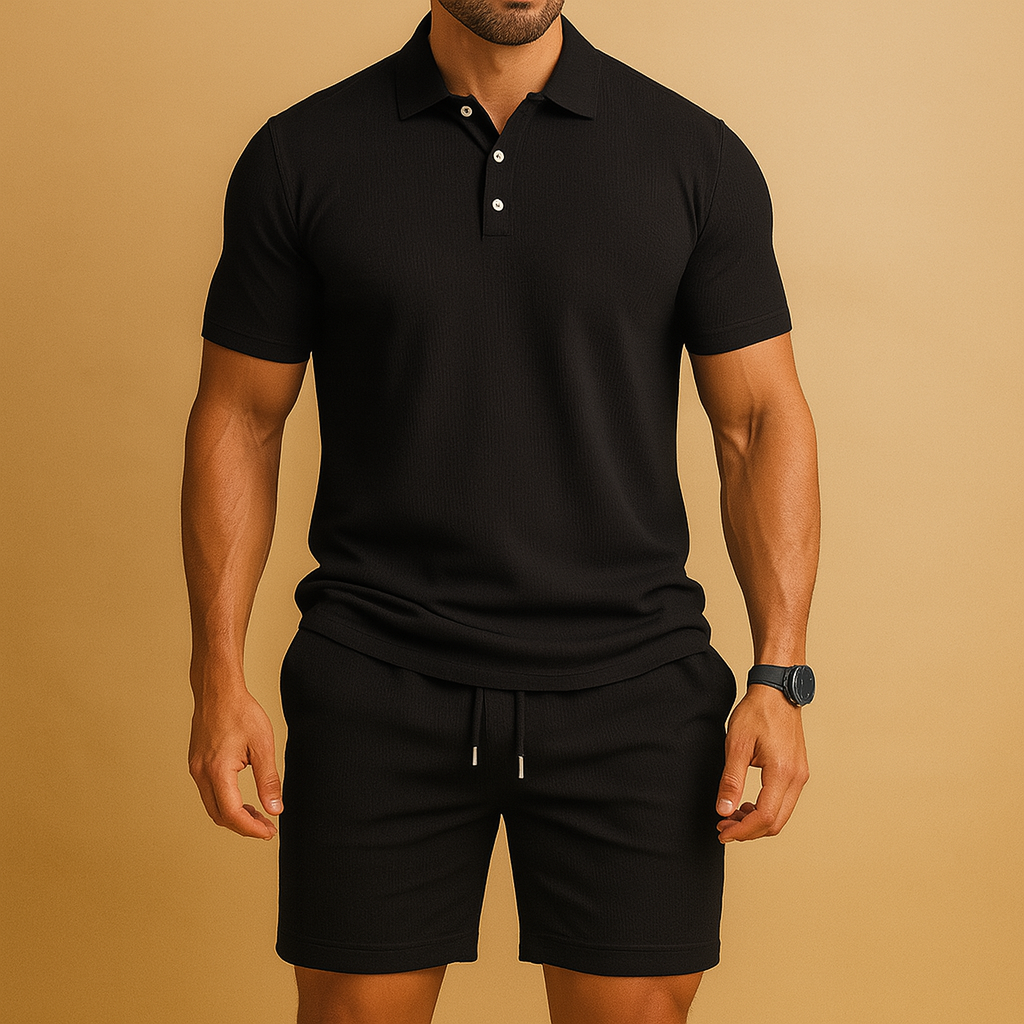 Man wearing a versatile men's casual polo and shorts set, ideal for summer activities and everyday comfort.
