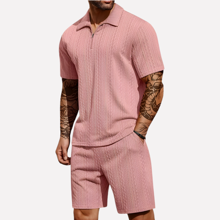 Modern men's quarter-zip polo and shorts, an essential for a comfortable summer outfit.
