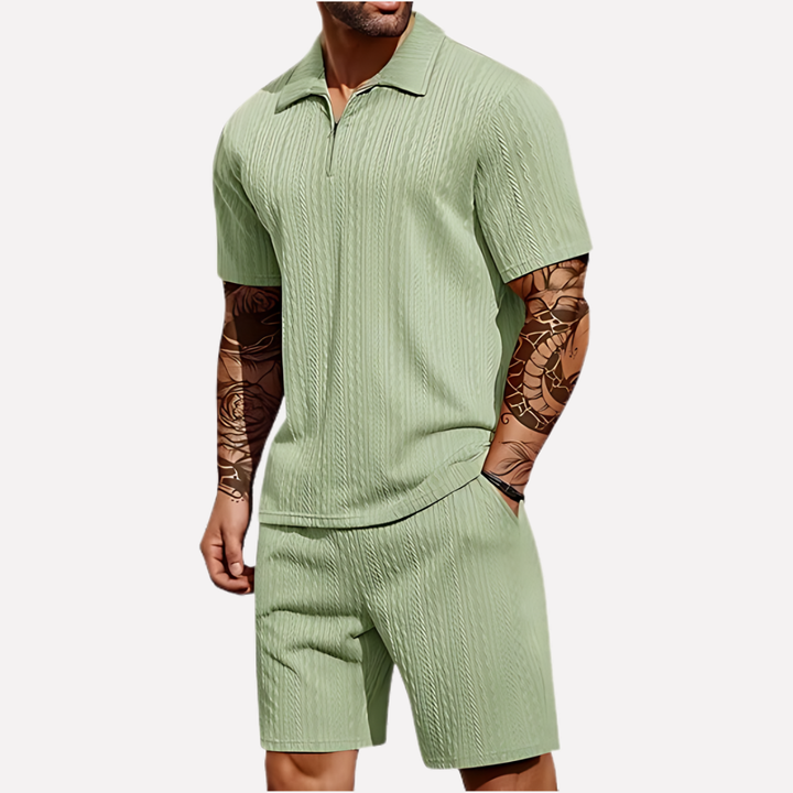 Comfortable men's two-piece casual set featuring a quarter-zip polo shirt and matching shorts.