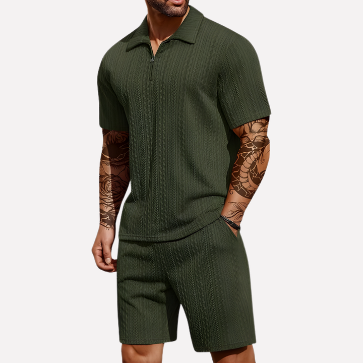 New men's fashion quarter-zip polo and shorts combo for a relaxed yet put-together look.