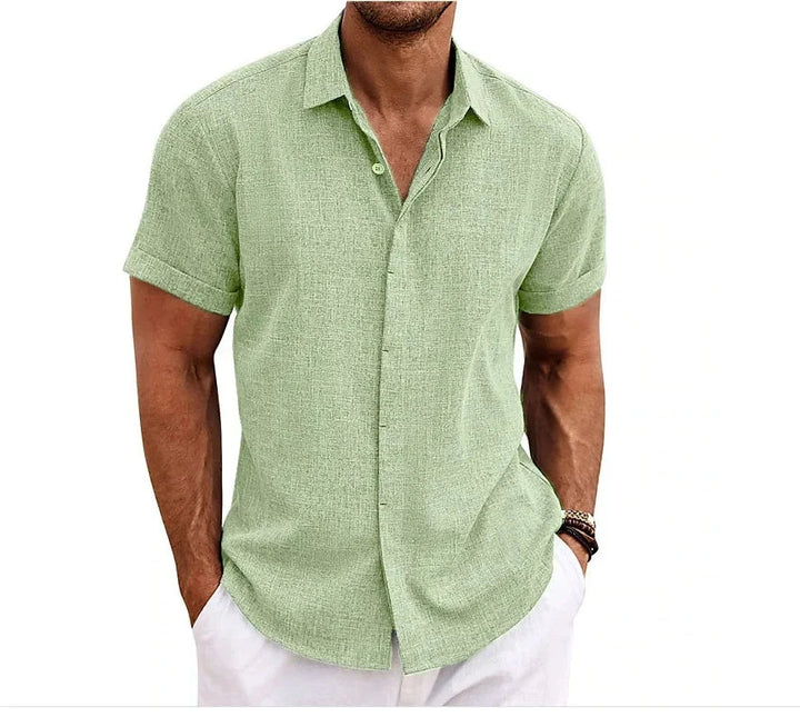 Stylish men's short sleeve button-down shirt; versatile for casual outings, beach, or summer events.