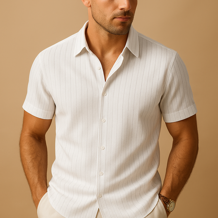 Classic men's short sleeve collared shirt, button-up front, offering a smart casual summer look.