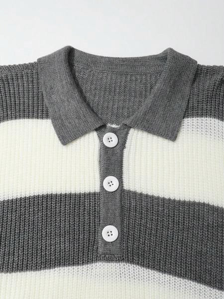 Close-up of a men's striped ribbed knit rugby polo, highlighting the texture and classic two-button placket.
