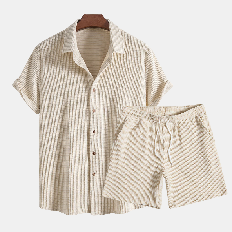 Men's casual summer 2 piece set: short sleeve button-down shirt & drawstring shorts.