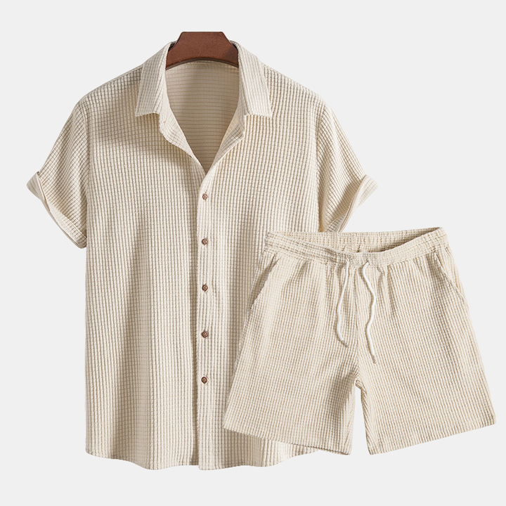 Men's casual summer 2 piece set: short sleeve button-down shirt & drawstring shorts.