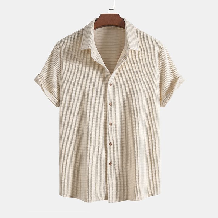 Relaxed fit men's casual summer matching set: short sleeve shirt & comfortable drawstring shorts.