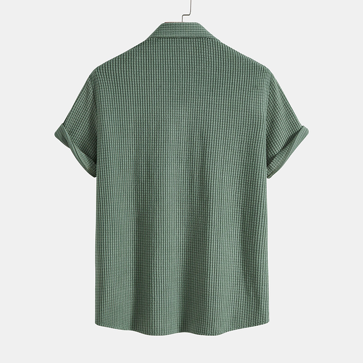 Warm weather men's casual 2 piece set: short sleeve shirt & drawstring shorts for summer.