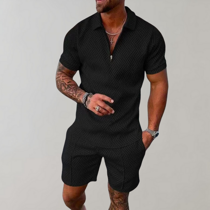 Men's casual summer outfit: stylish polo shirt and comfortable shorts two-piece set for warm weather.