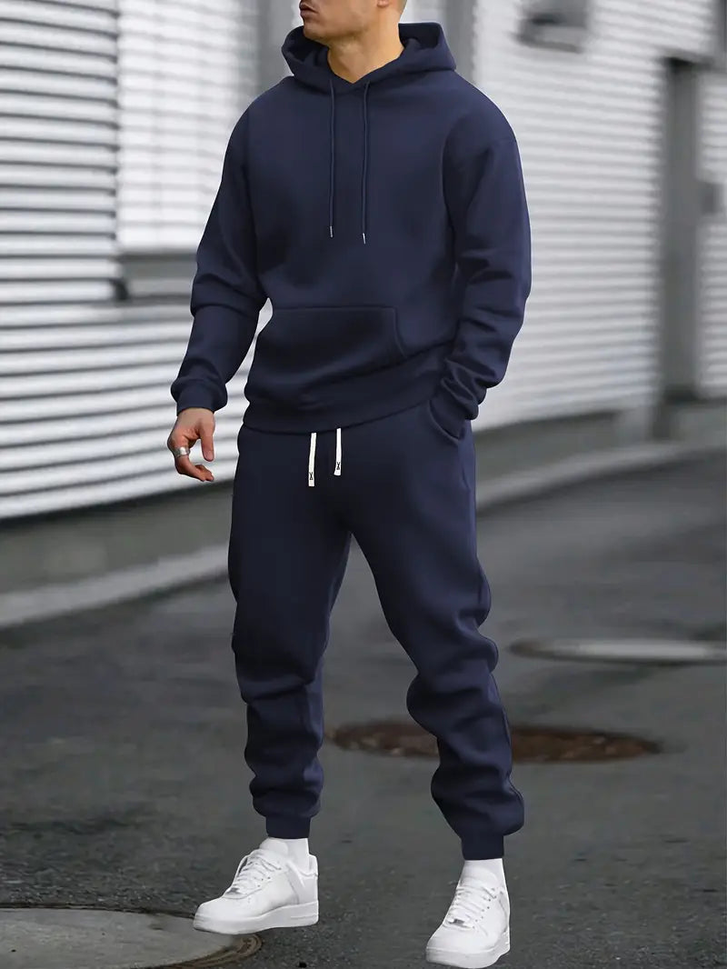 Two-piece men's loungewear set with a casual sweater and matching joggers for comfort.