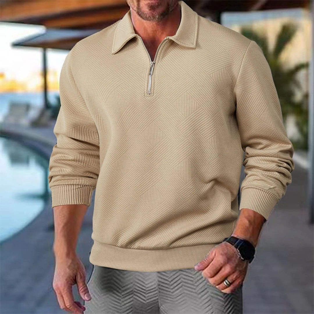 Men's casual textured half zip pullover sweater in classic navy for autumn fashion