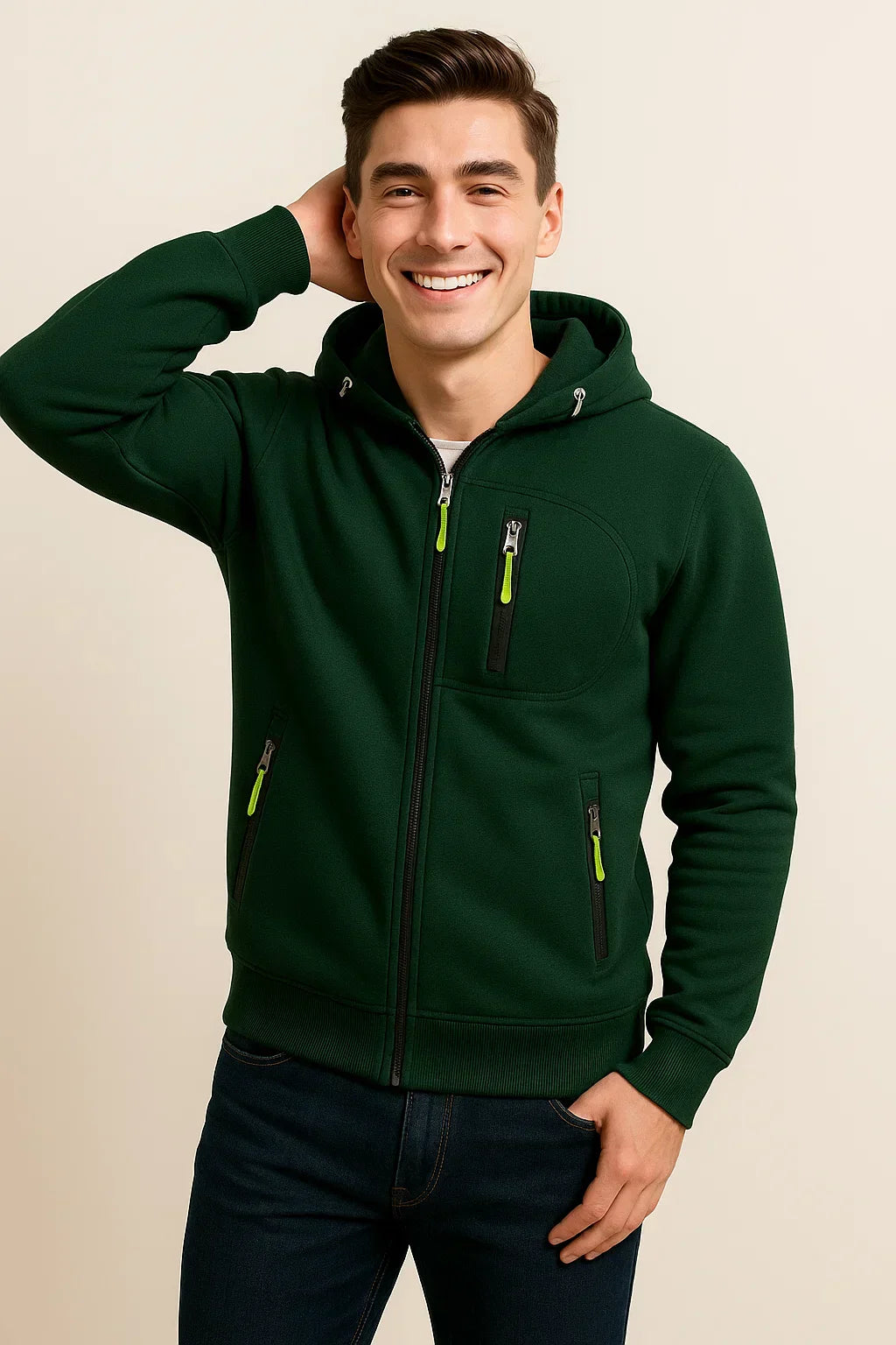 Detail of the zipper and hood of a men's zip-front hoodie, emphasizing quality & comfort.