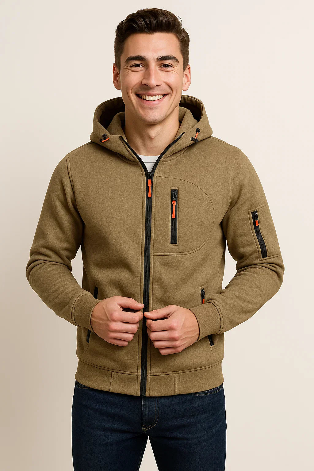 Back view of a man's zip-front hoodie, emphasizing the comfortable fit & casual apparel design.
