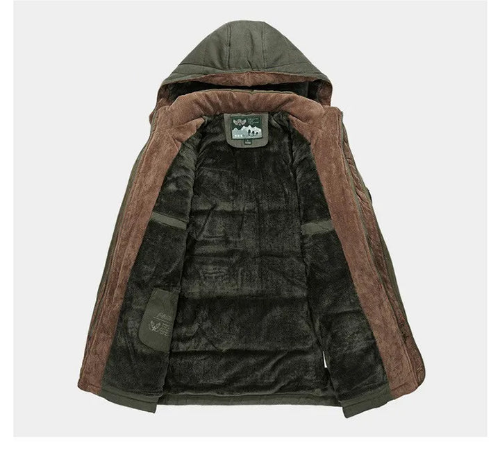 Men's black corduroy sherpa lined parka, side view, showcasing its insulated thickness and warmth