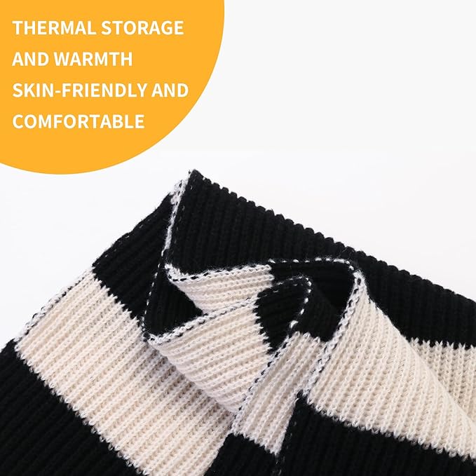 Close-up of a men's chunky knit striped scarf, showcasing its soft texture and pattern.