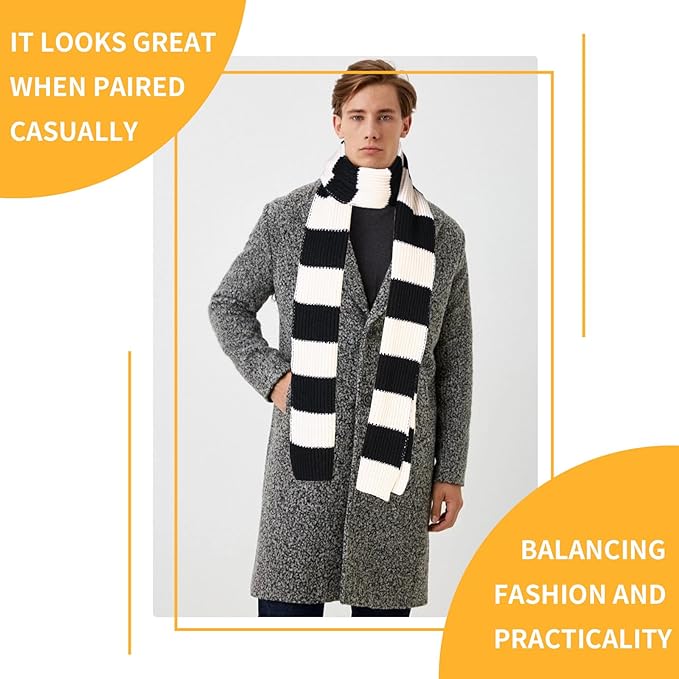 Men's striped knit scarf draped, highlighting its warmth and stylish winter appeal.