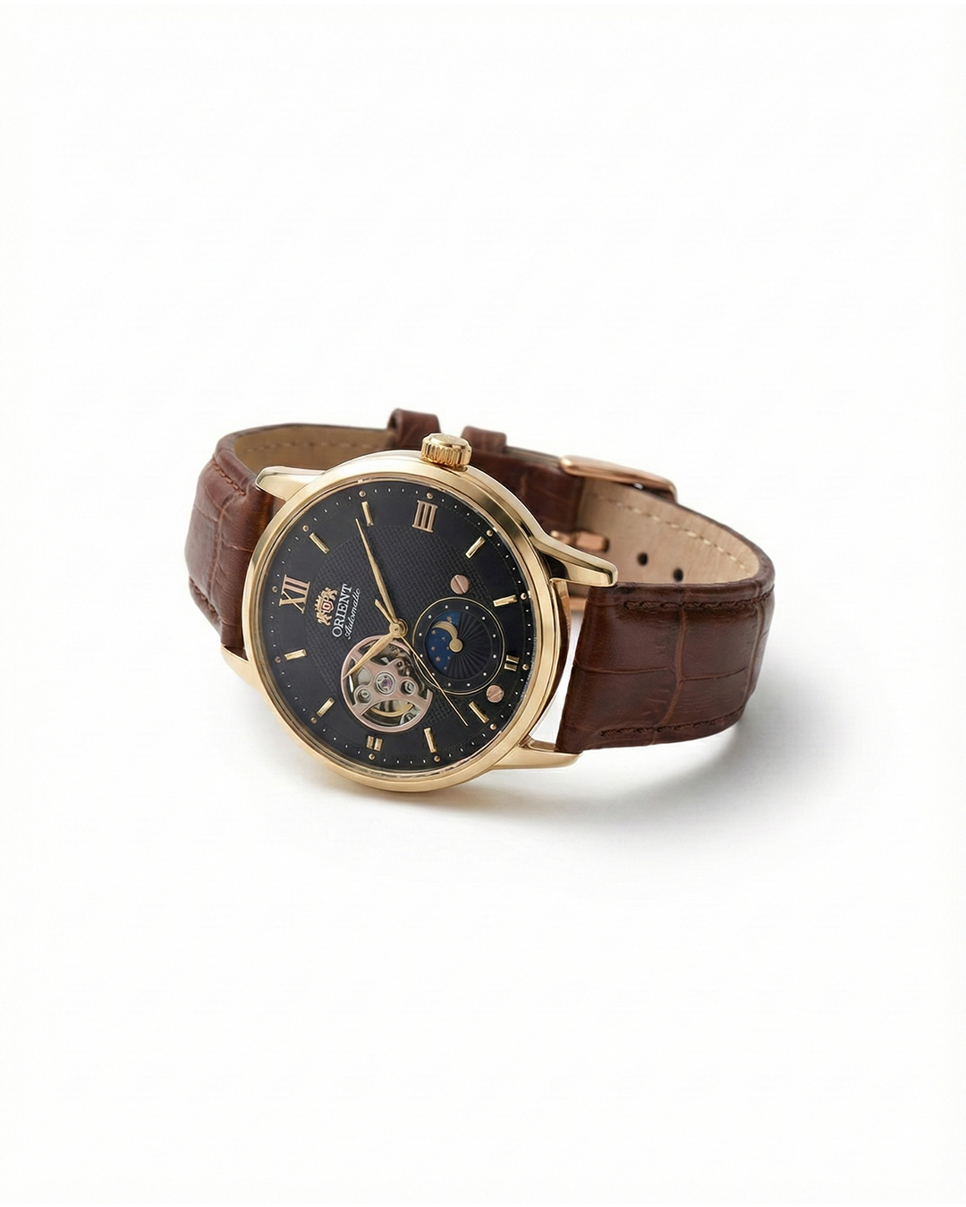 Men's classic automatic mechanical watch with black leather strap and sun moon phase display