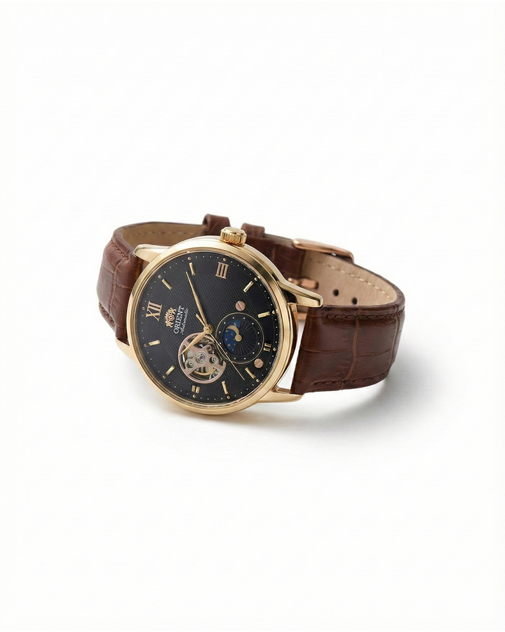 Men's classic automatic mechanical watch with black leather strap and sun moon phase display