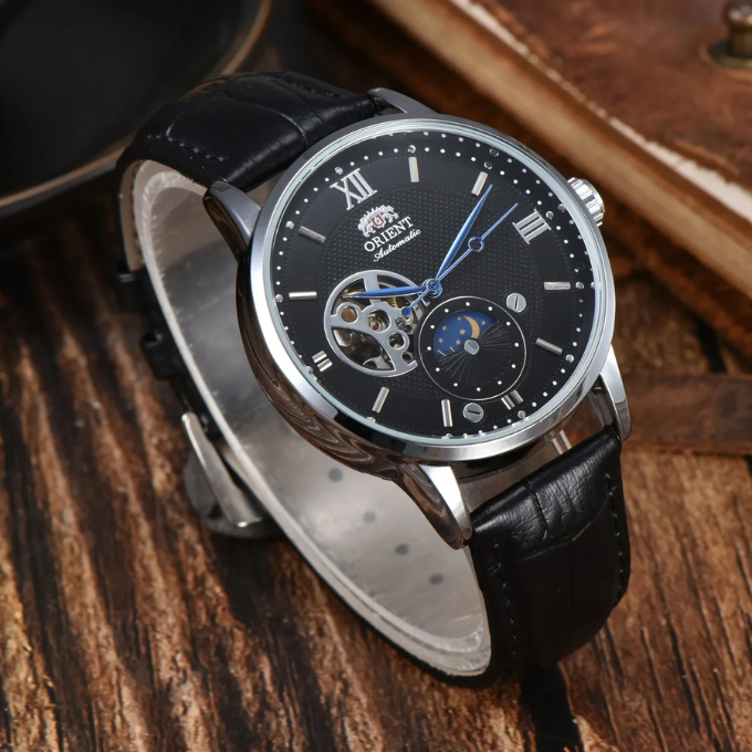 Detail of the buckle on a men's automatic mechanical watch's leather strap