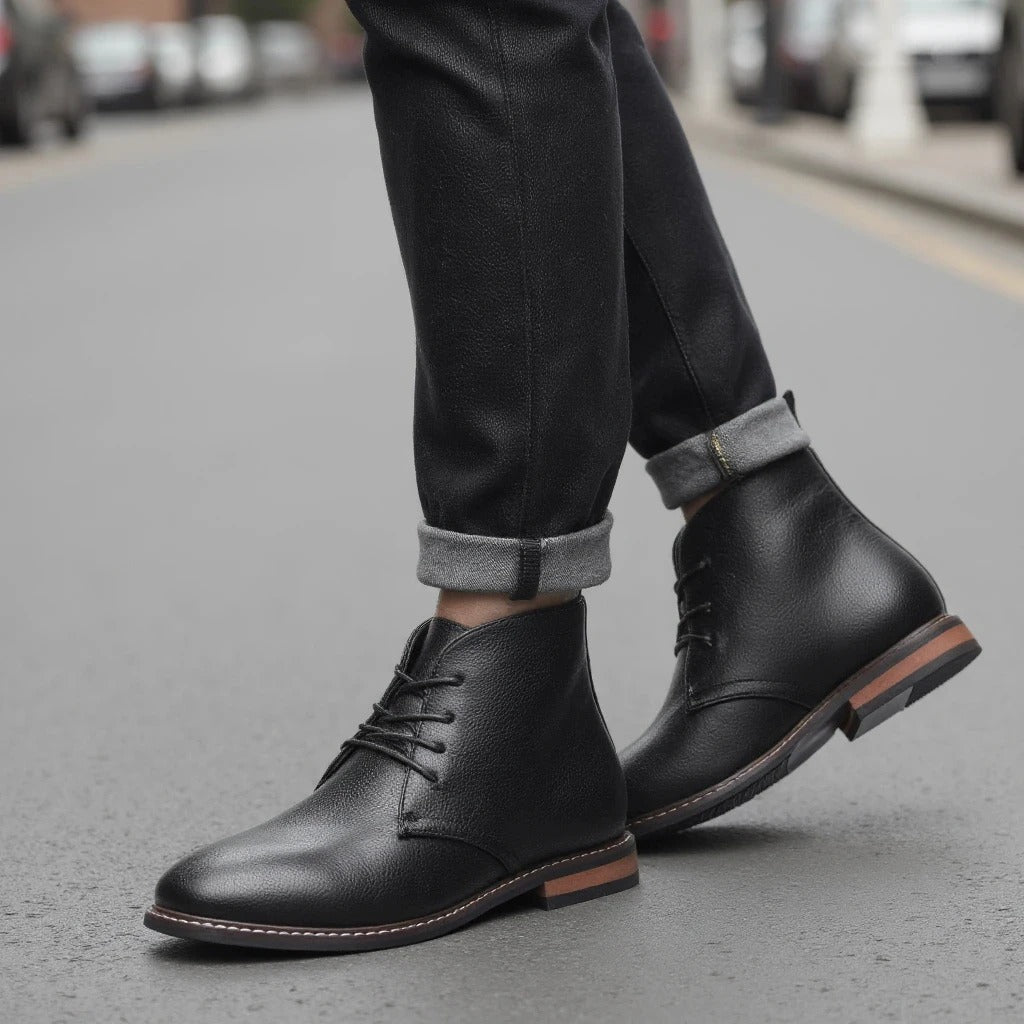 Pair of men's black chukka boots, ready for comfortable and stylish wear.