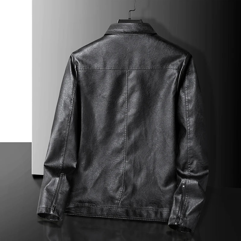 Classic faux leather jacket for men in black, featuring a sleek design and tailored fit