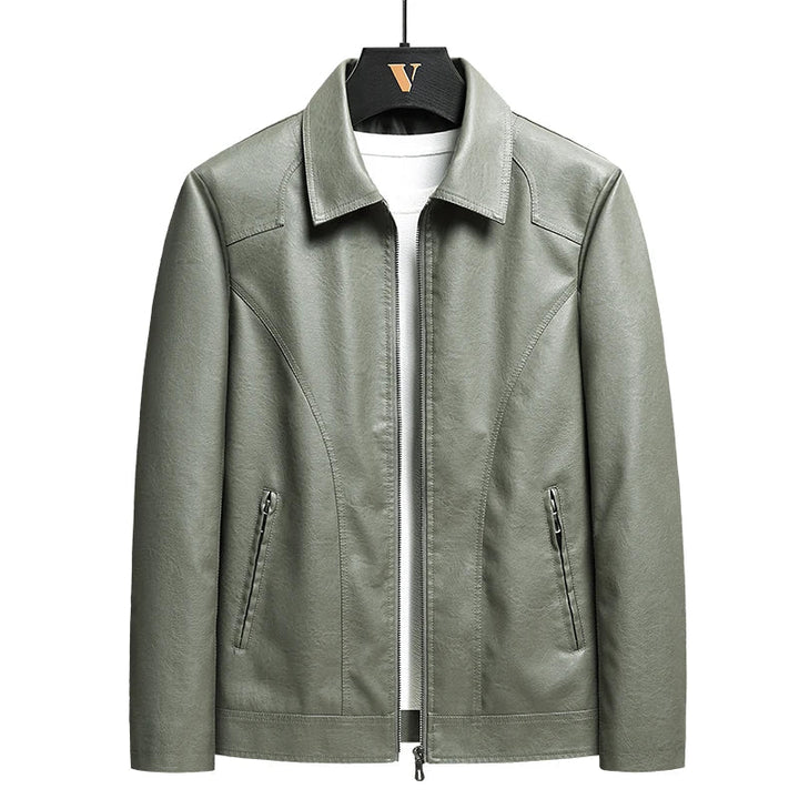 Durable men's outerwear: green faux leather jacket with classic style and turn-down collar