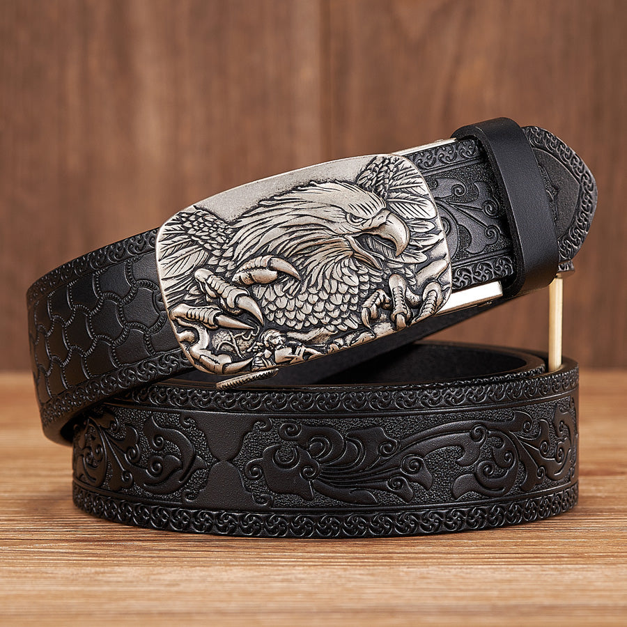 Adjustable mens genuine cowhide leather belt featuring a modern automatic buckle for a secure fit.