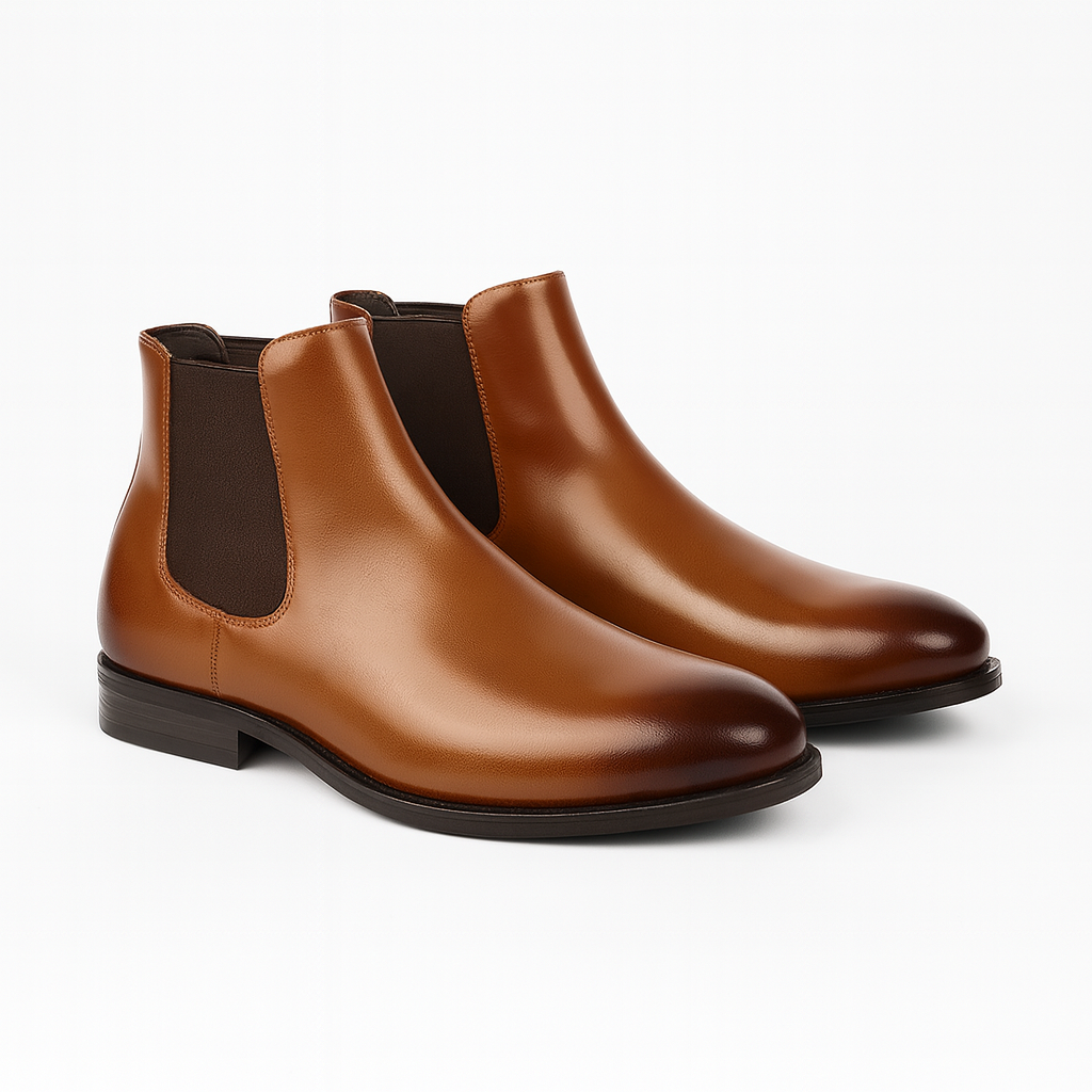 Men's classic black leather Chelsea boots, perfect for formal or casual outfits. Slip-on ankle boots with timeless style.
