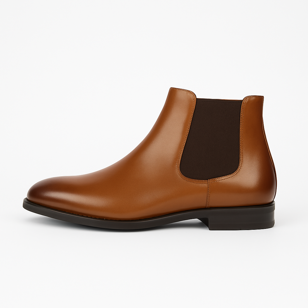 Comfortable brown leather men's Chelsea boots. Versatile slip-on ankle footwear for everyday wear and sophistication.