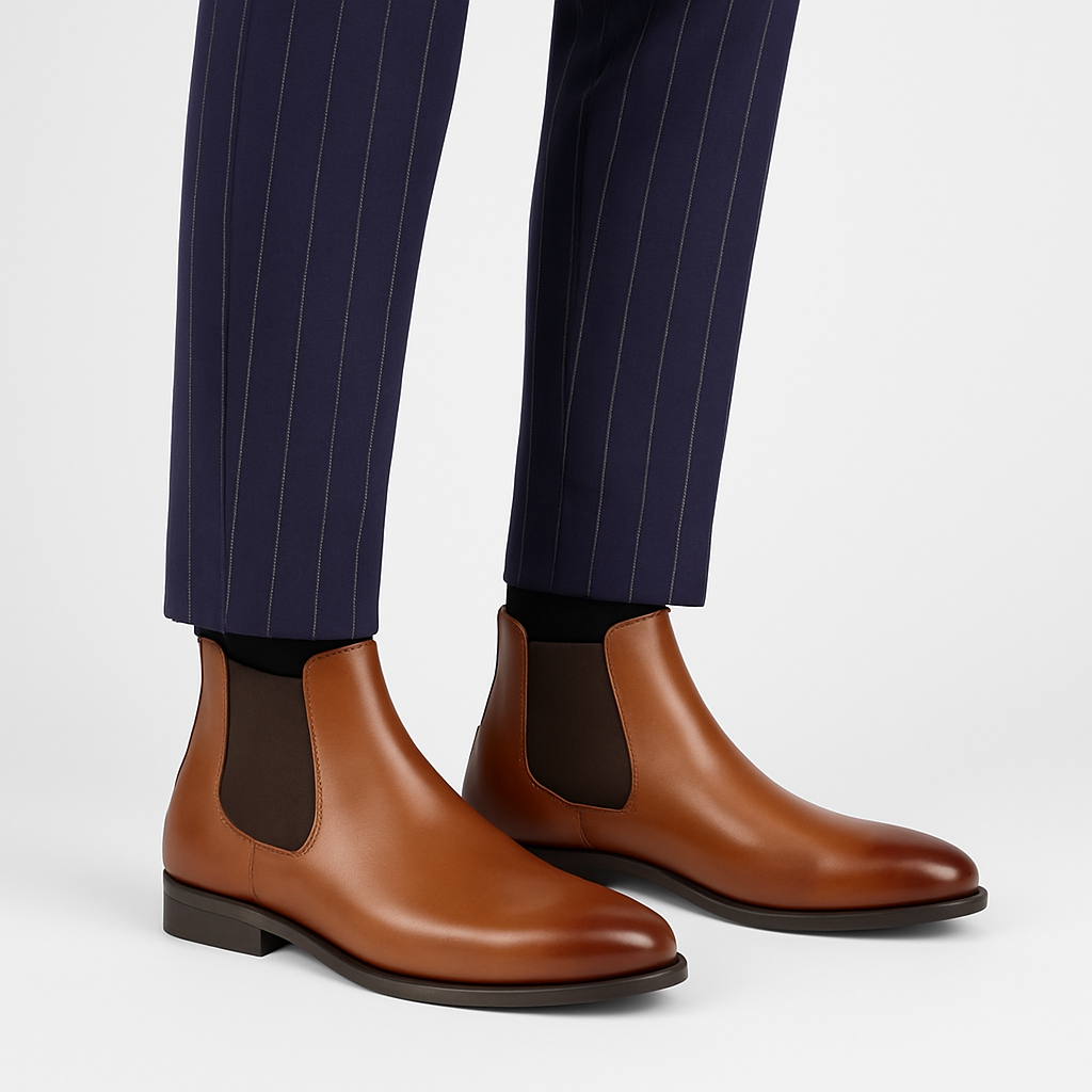 Stylish men's genuine leather Chelsea boots in a sleek design. Classic ankle boots for a sophisticated men's fashion look.