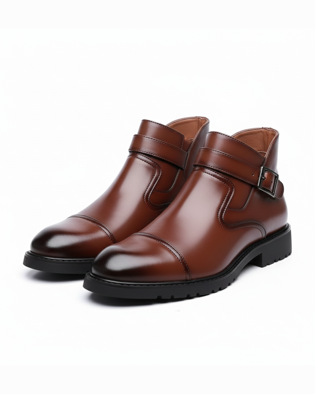 Men's classic black leather Chelsea dress boots, side view, for formal and business casual wear.