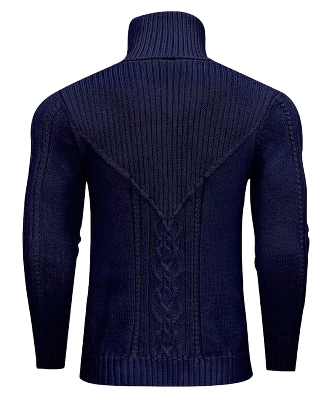 Front view of a men's classic polyester turtleneck sweater showcasing its snug fit.