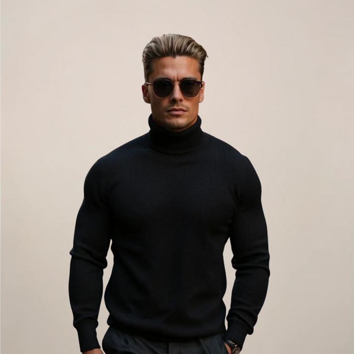 Men's classic black turtleneck sweater, perfect for smart casual and business casual outfits.