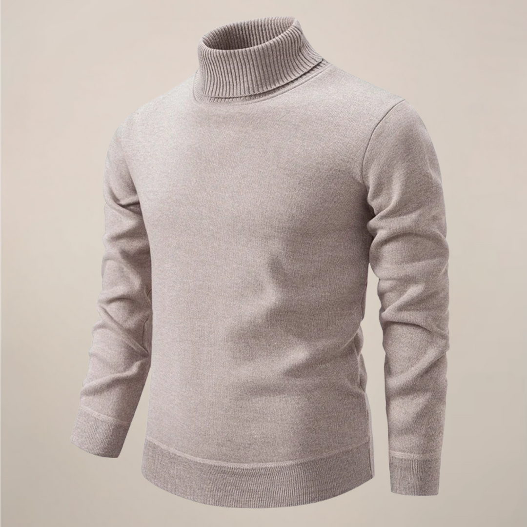 Sophisticated men's slim-fit knit turtleneck sweater, ideal for elegant winter fashion & layering.