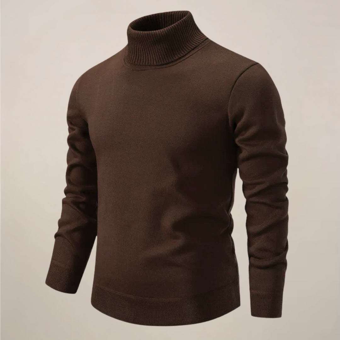 Warm men's winter fashion turtleneck sweater, offering comfortable layering and a refined slim fit.
