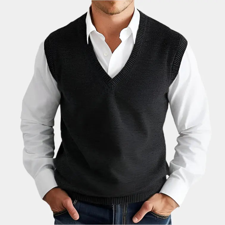 Men's classic black V-neck knit vest for refined, smart casual layering. All-season mens fashion apparel.