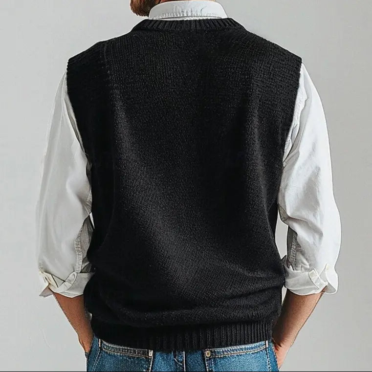 Dark blue men's V-neck knit vest, perfect for versatile all-season layering & smart casual style.