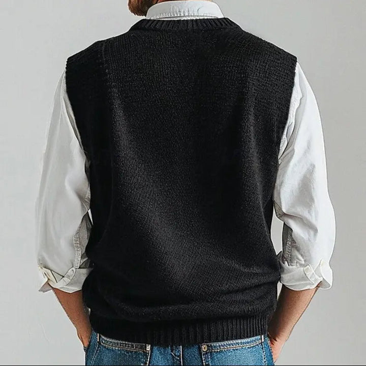 Dark blue men's V-neck knit vest, perfect for versatile all-season layering & smart casual style.