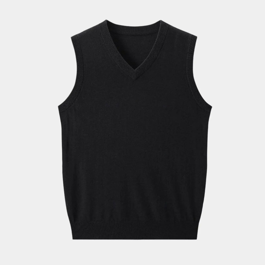 Stylish gray men's V-neck knit vest, ideal for classic business casual or smart everyday layering.