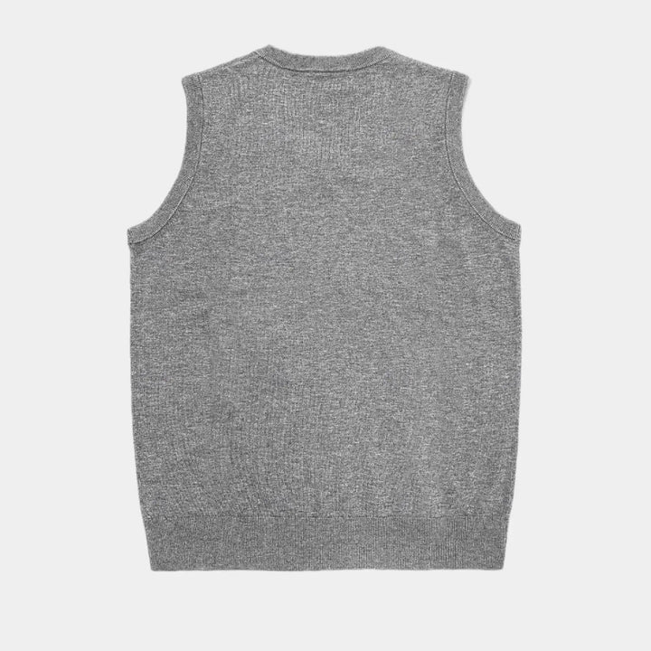 Versatile all-season men's V-neck knit vest, a smart casual staple for comfortable layering.