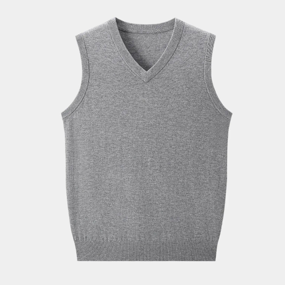 Classic men's V-neck knit vest, offering refined style and comfortable layering for all seasons.
