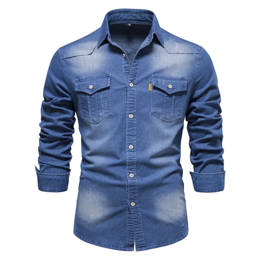 Men's casual long sleeve blue denim shirt, button-up closure for comfort
