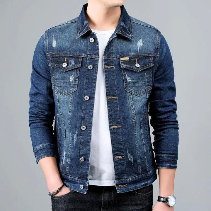 Men's classic blue tapered denim jacket, perfect for casual wear and stylish outerwear