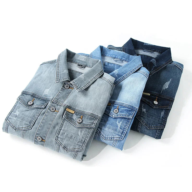 Gray men's tapered denim jacket with pockets, combining comfort and contemporary men's fashion